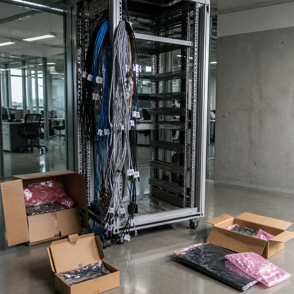 Baie informatique débranchée avec câblage réseau étiqueté, prête au transport