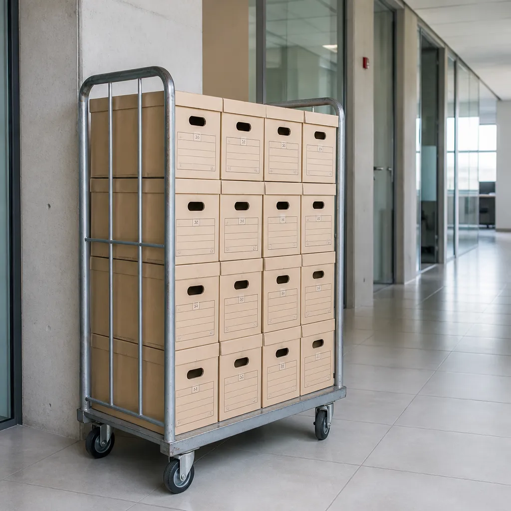 Cartons d’archives numérotés empilés sur un chariot de manutention