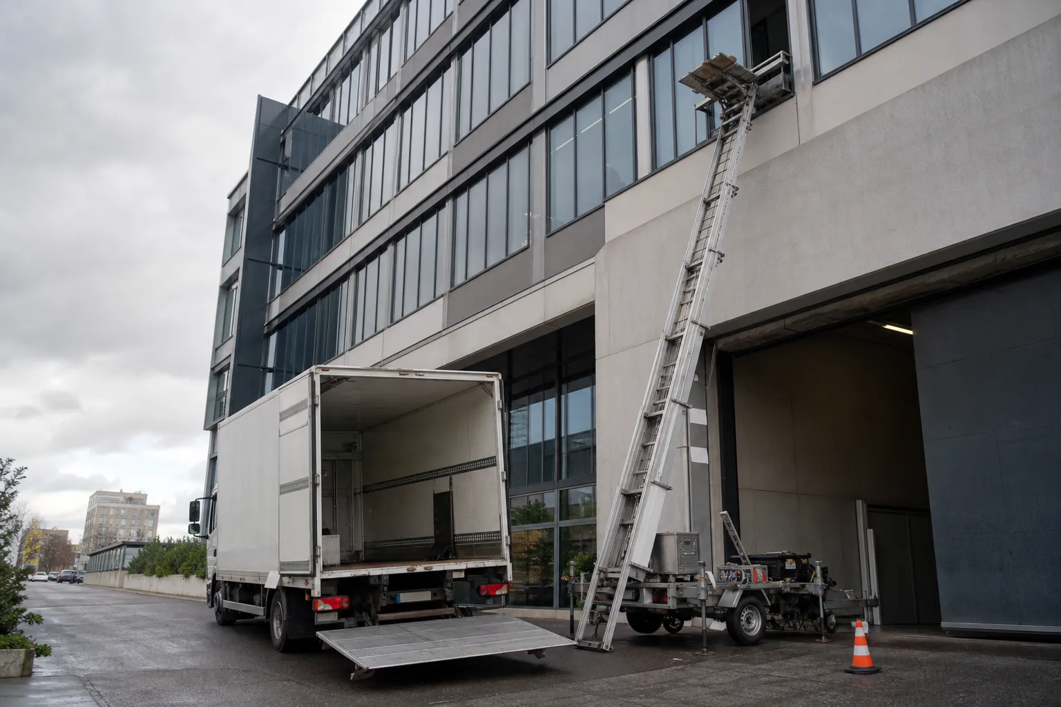 Camion de déménagement et monte-meuble stationnés devant un immeuble de bureaux, quai de chargement ouvert