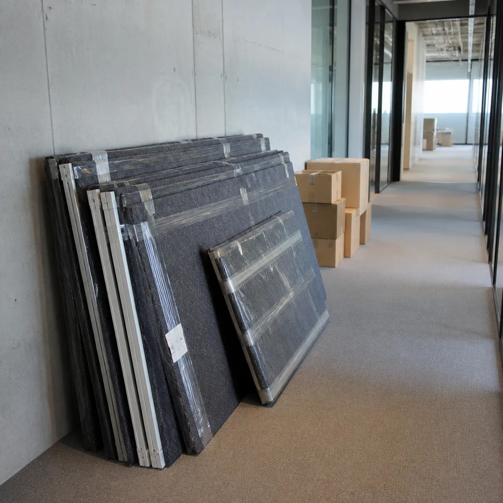 Mobilier de bureau démonté et protégé sous housses, empilé avant transport